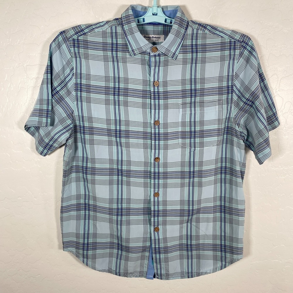 Tommy Bahama Shirt Mens Medium Blue Coconut Point Button Hawaiian Camp Plaid